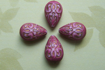 Vintage Style Pink and Gold Etched Tear Drop (6) bds120A