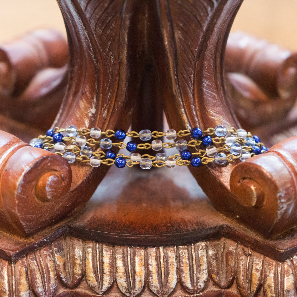 Blue Pearl Sapphire Clear Faceted Czech Glass Beaded Chain Raw Brass Links chn111