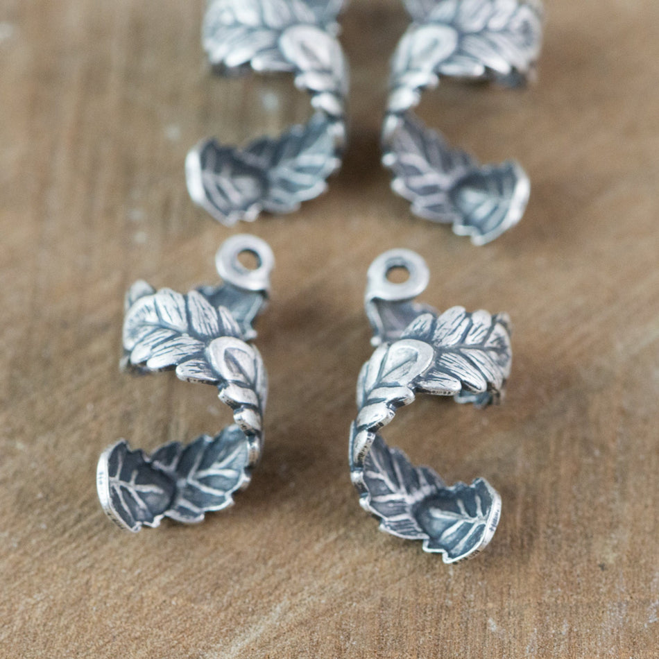 Sterling Silver Ox Etched Coiled Leaf Design Drop Charm 19mmx9mm (4) mtl370C