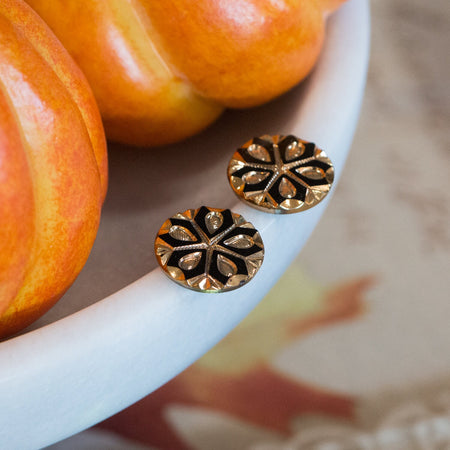 Black and Gold Snowflake Etched Czech Glass Cabochon 22.5mm (2) cab905A