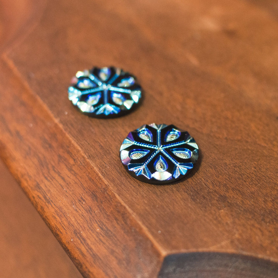 Black with Iridescent Snowflake Etched Czech Glass Cabochon 18mm (2) cab904B