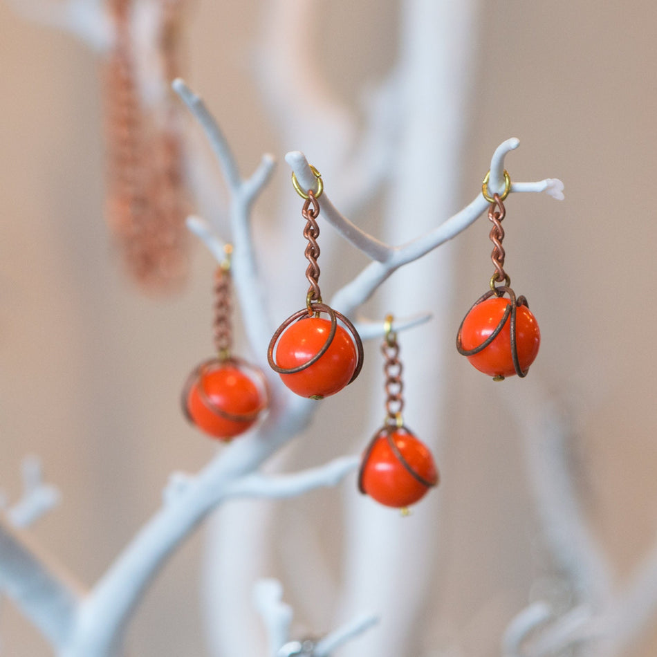 Vintage Orange Acrylic Copper Wrapped Bead Drops with Chain Japan chr146