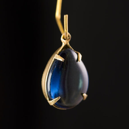 Vintage Golden Blue Glass Teardrop Stones 1 Loop Brass Settings (2) 15x11mm par009C