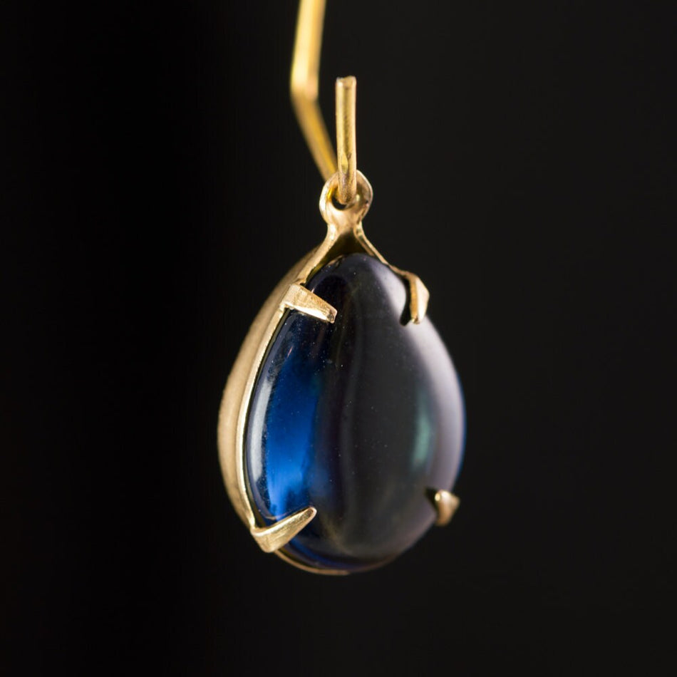 Vintage Golden Blue Glass Teardrop Stones 1 Loop Brass Settings (2) 15x11mm par009C