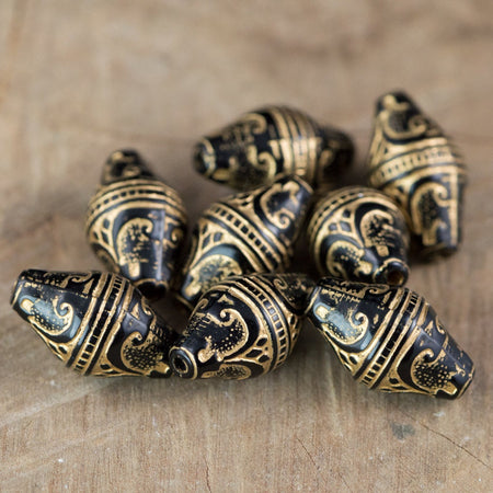 Vintage Style Jet Black Etched Gold Details Beads (8) bds575B