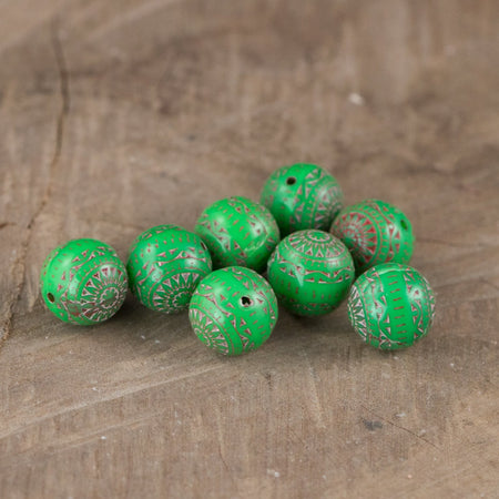Vintage Green and Red Etched Mosaic Acrylic Beads 12mm (8) bds014