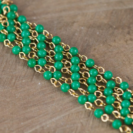 Vintage Jade Green Plastic Beaded Chain Gold Links Japan chn020D