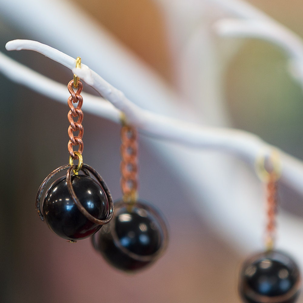 Vintage Black Acrylic Copper Wrapped Bead Drops with Chain Japan chr146C