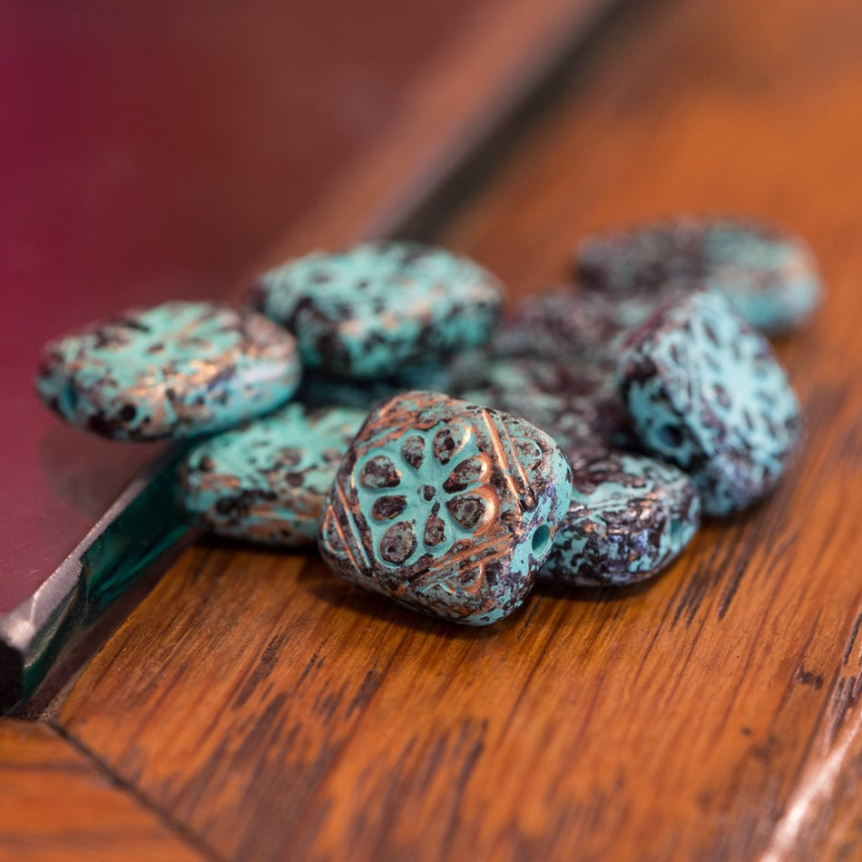 Vintage Style Verdigris Patina Etched Tablet Beads (10) bds380B