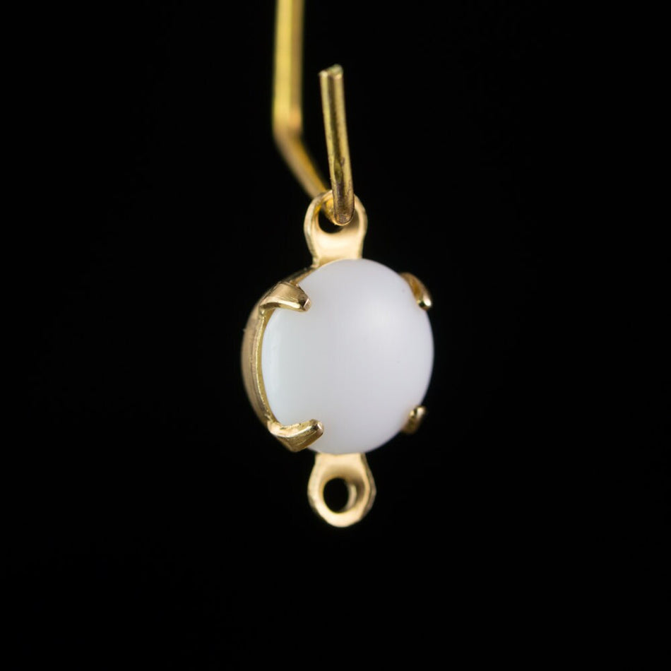Vintage White Glass Stone 2 Loop Brass Setting Drops rnd001D2