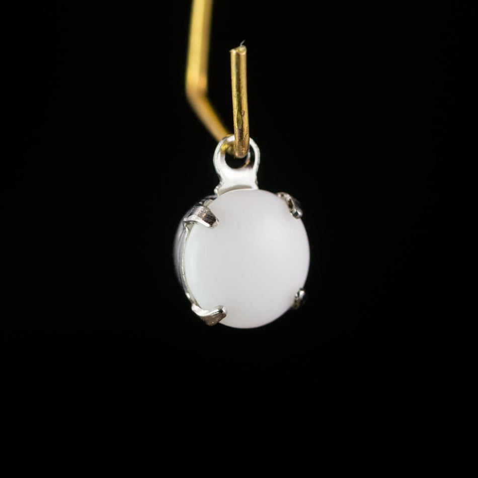 Vintage White Glass Stone 1 Loop Silver Plated Setting Drops rnd003D