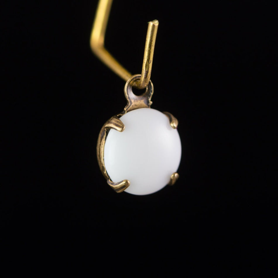 White Glass Stone Brass 1 Loop Brass Ox Setting Drops (6) rnd007D