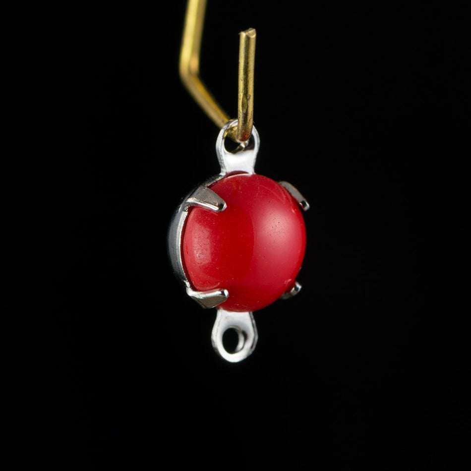 Vintage Opaque Red Glass Stone 2 Loop Silver Plated Setting Drops rnd003A2