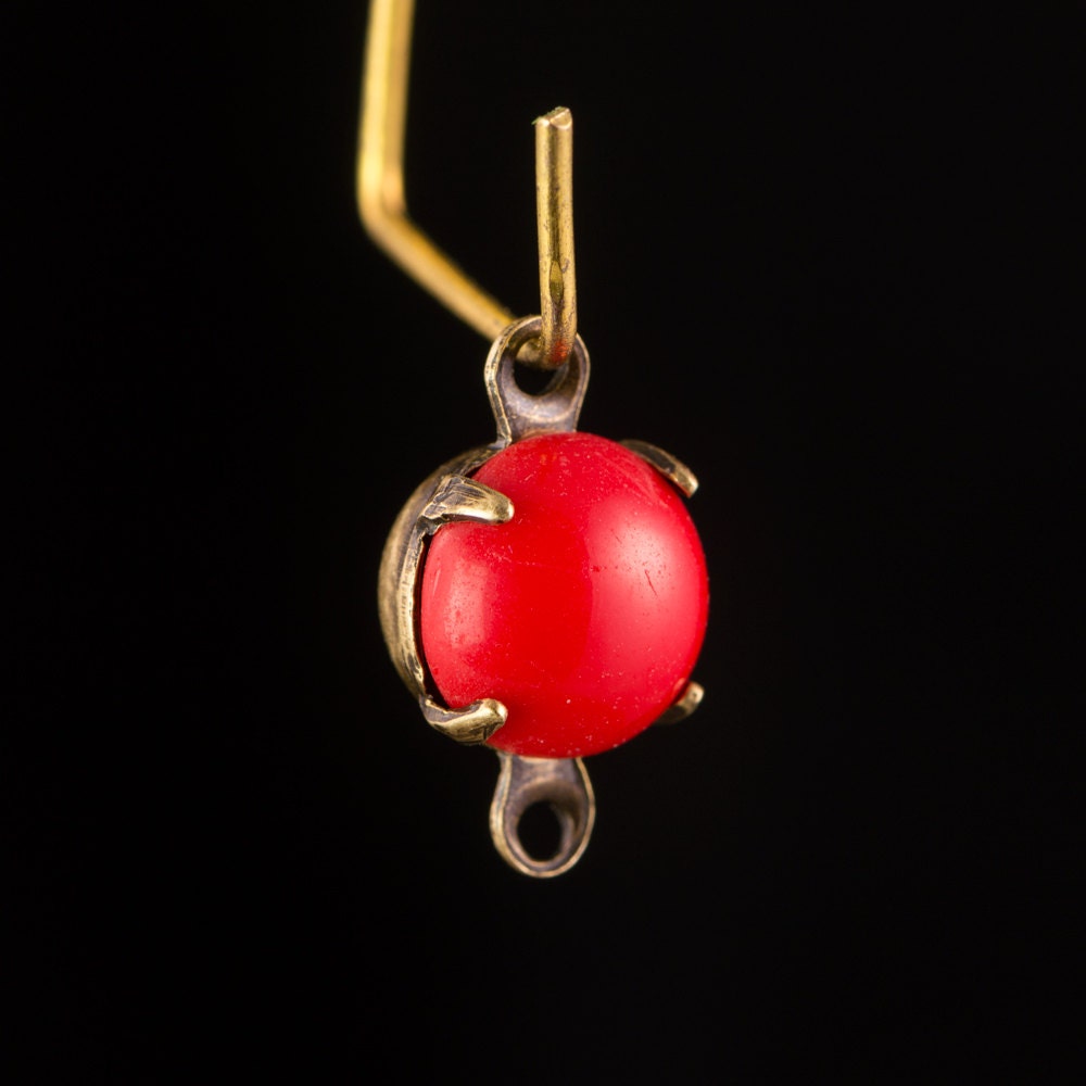 Red Glass Stone Brass 2 Loop Brass Ox Setting Drops rnd007A2