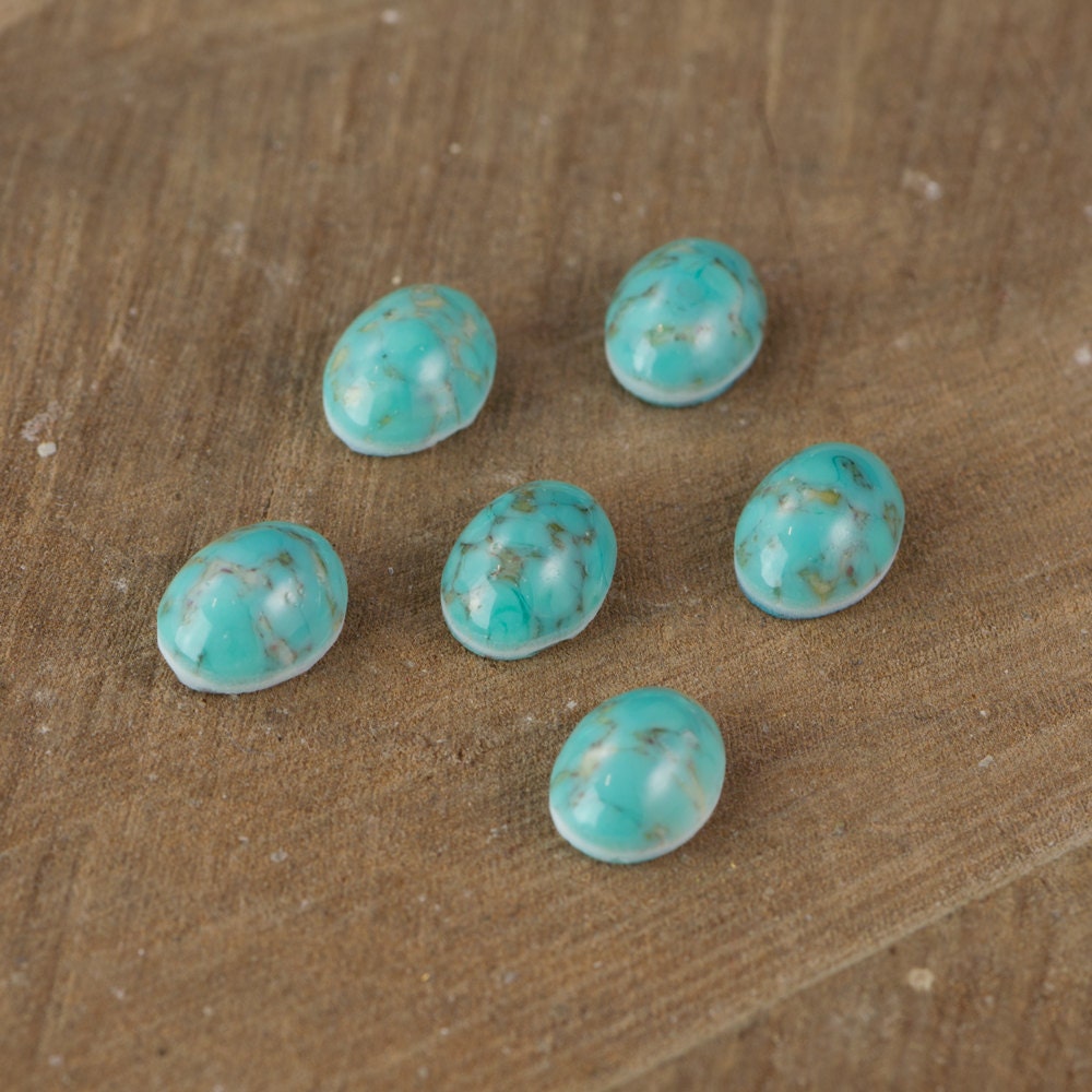 Turquoise Matrix Glass Cabochons 8mm x 6mm (6) cab6001A