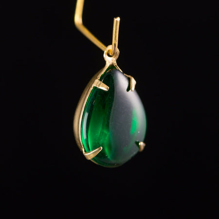 Vintage Emerald Green Glass Teardrop Stones 1 Loop Brass Settings (2) 15x11mm par009E