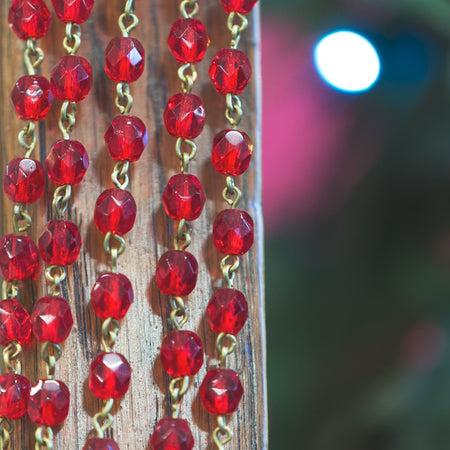 Red Faceted Czech Glass 6mm Beaded Chain Raw Brass Links chn140