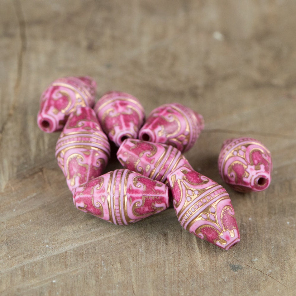 Vintage Style Pink Etched with Gold Bicone Beads (8) bds575D