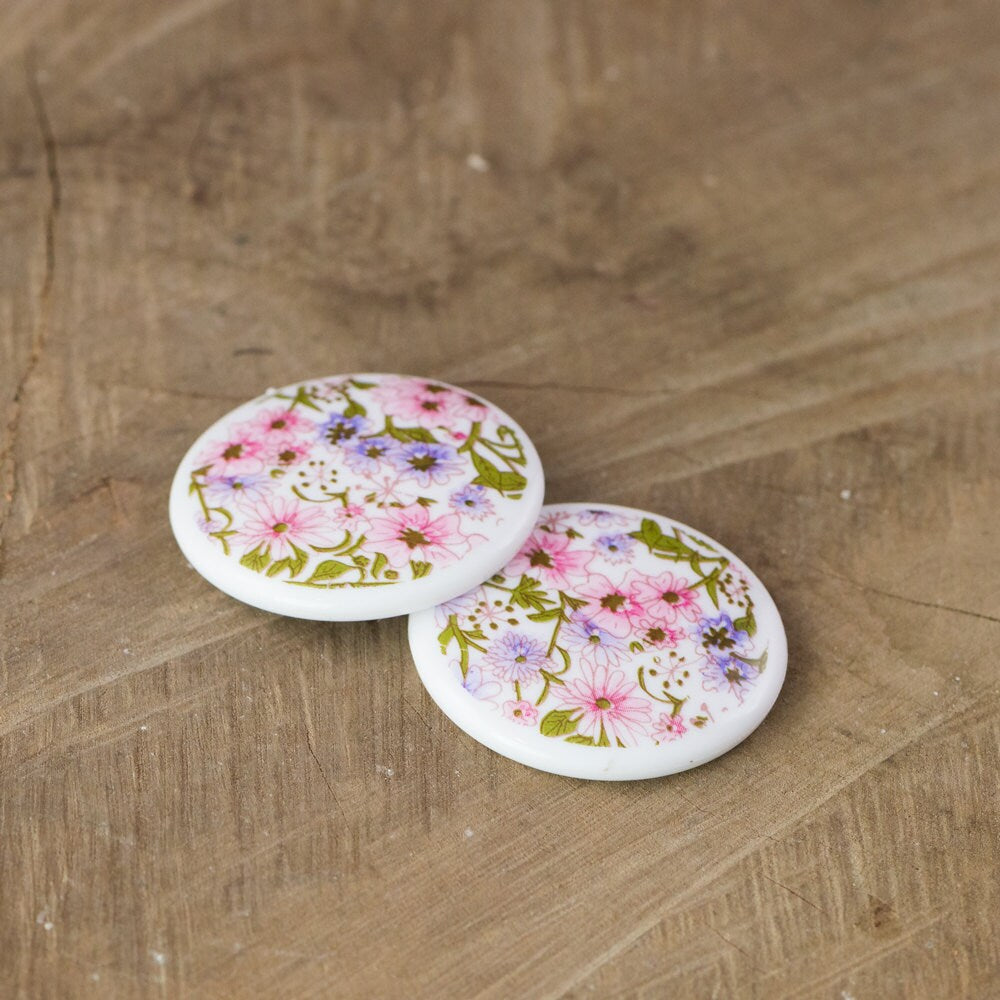 Vintage Pink White All Over Floral Cabochon 35mm (2) cab018A