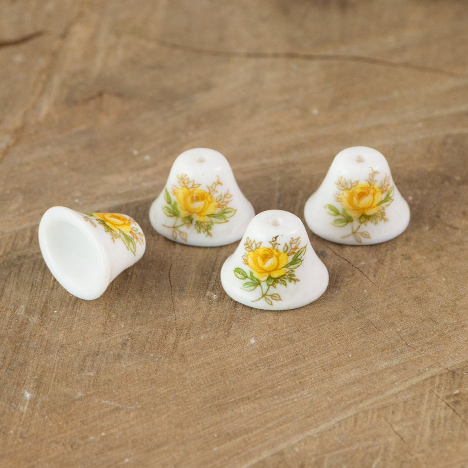 Vintage Yellow Rose on White Glass Bell Beads Japan 12mm (4) jpn011B