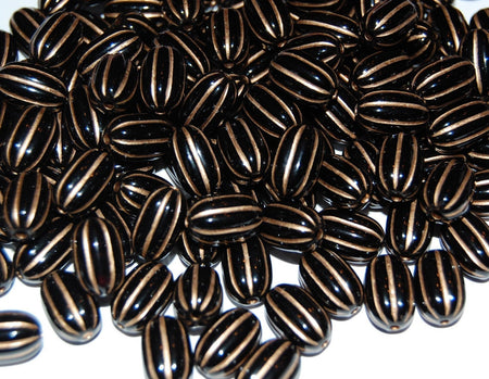 Acrylic Black and Gold Oval Ribbed Melon Beads bds465A