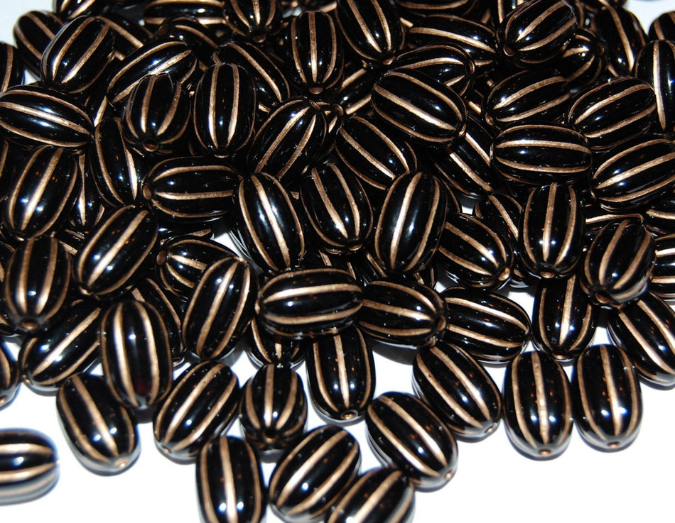 Acrylic Black and Gold Oval Ribbed Melon Beads bds465A
