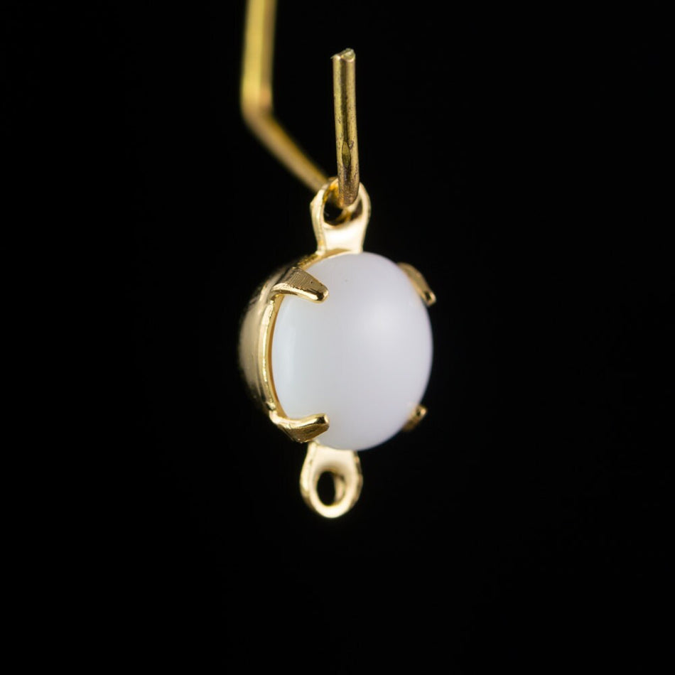 White Glass Stone 2 Loop Gold Plated Setting Drops 7mm (6) rnd017D2