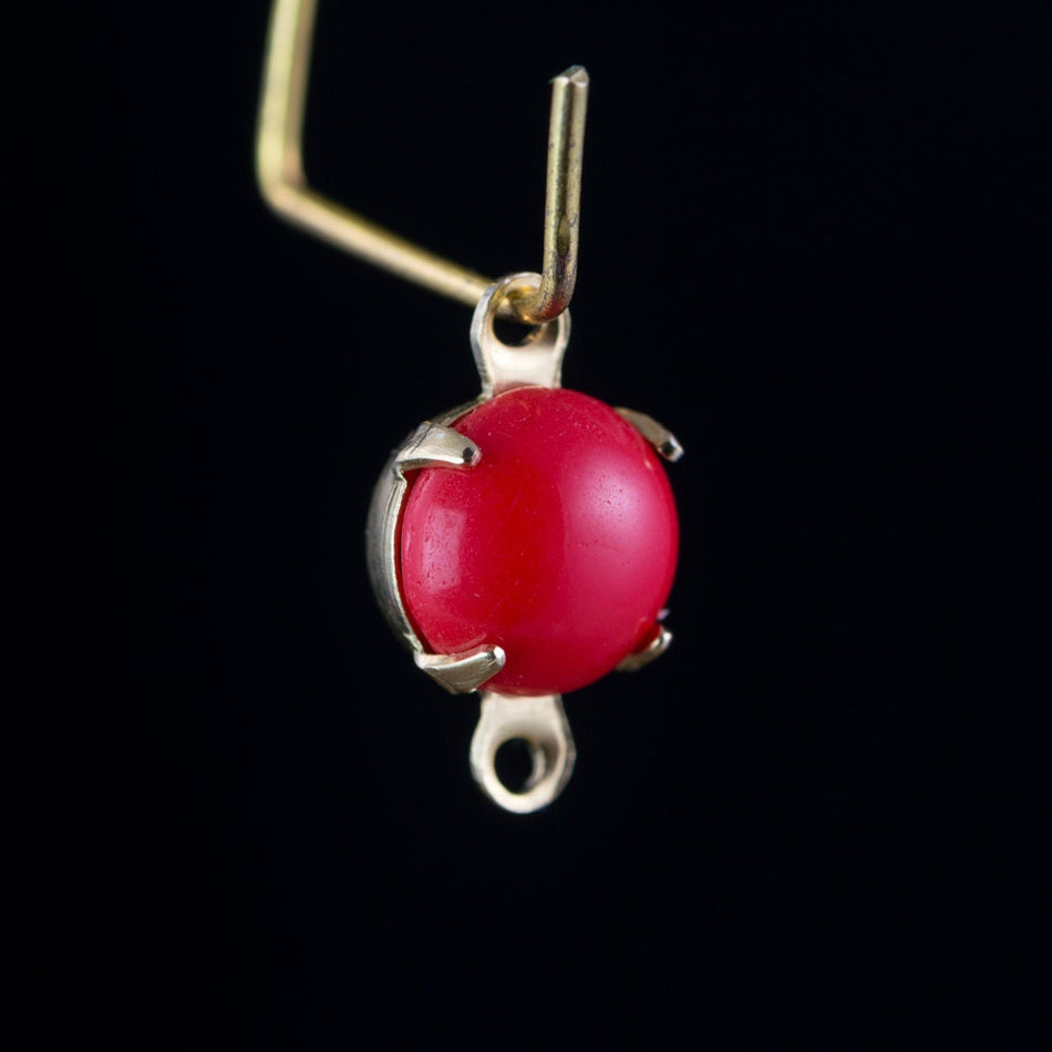 Vintage Red Glass Stone in 2 Loop Brass Setting Drops rnd001A2