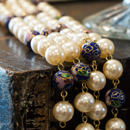 Vintage Blue Cloisonne and Pearl Beaded Chain 10mm chn071D