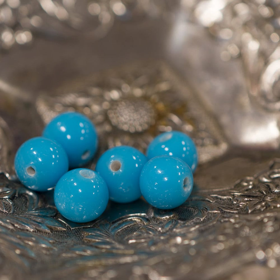 Vintage Turquoise Blue Glass Beads Japan 8- 9mm (6) bds527H