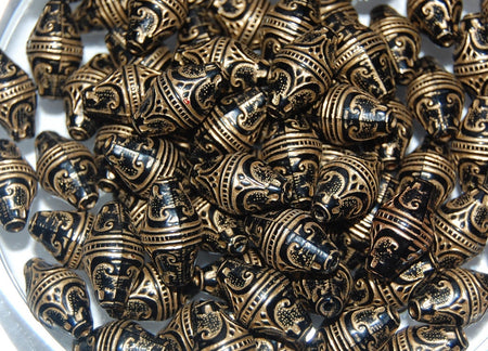 Vintage Style Jet Black Etched Gold Details Beads (8) bds575B