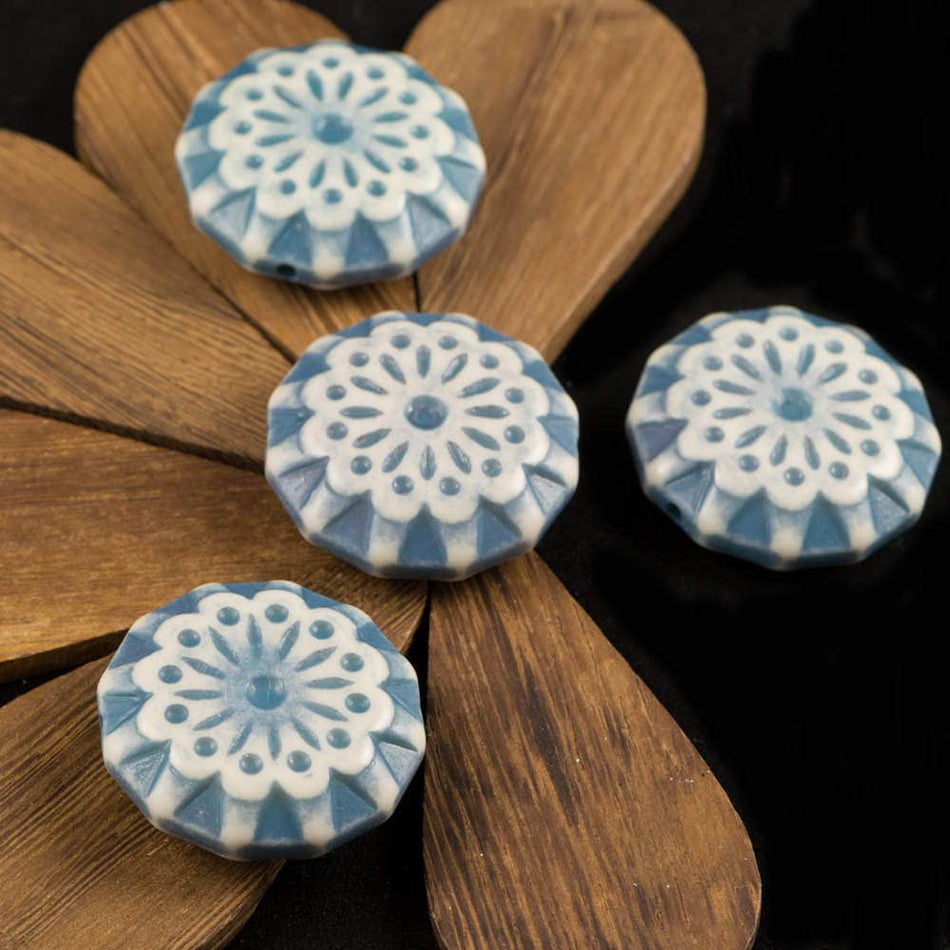 Turquoise Blue and Cream Vintage Lace Flower Beads 28mm bds807A