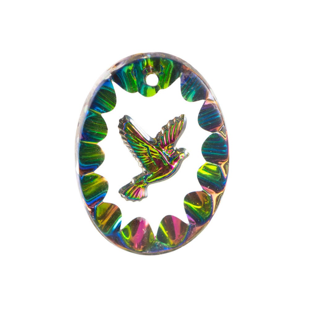25x18mm Vitrail Etched Dove 1 Hole Glass Intaglio Pendant (1)