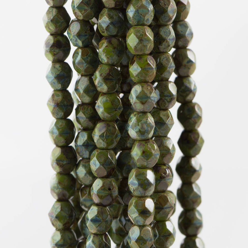 Czech Faceted Opaque Olive Picasso Firepolish Glass Beads 4mm (50)
