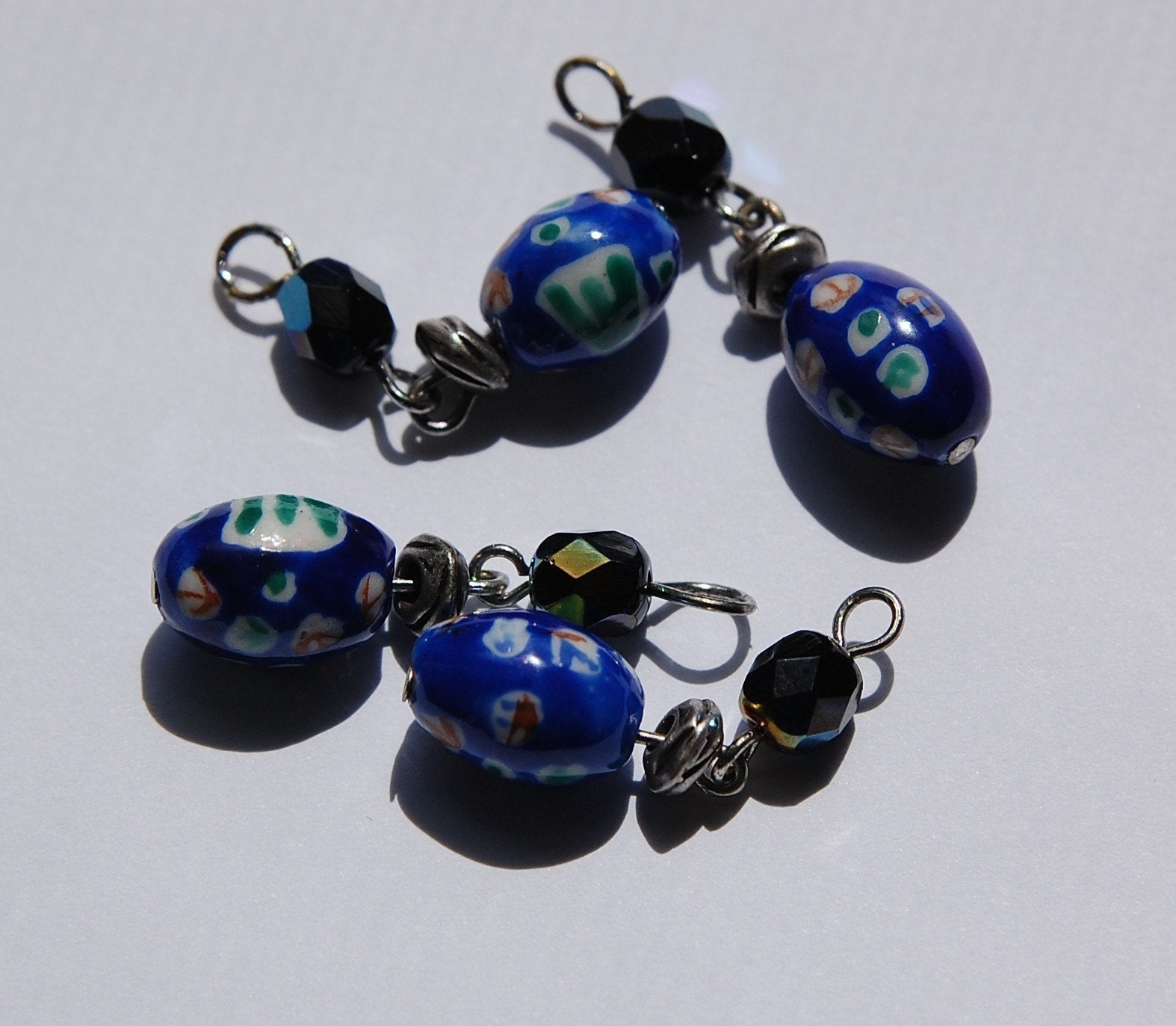 Blue Porcelain Patterned Vintage Bead Drop Charm drp017