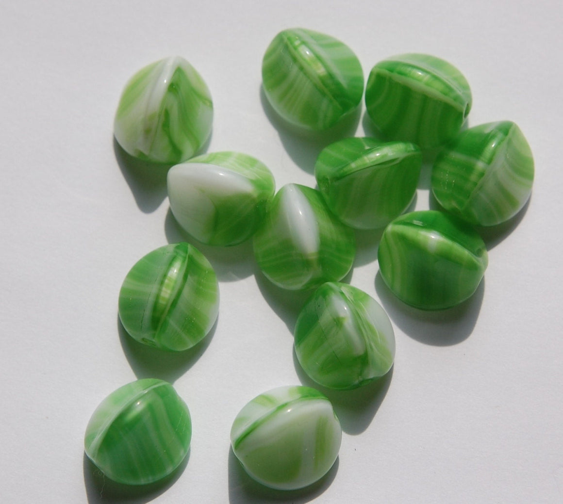 Vintage German Green and White Pinched Glass Beads grm047