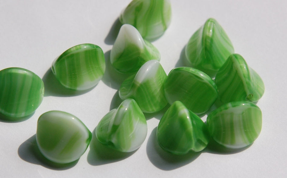 Vintage German Green and White Pinched Glass Beads grm047