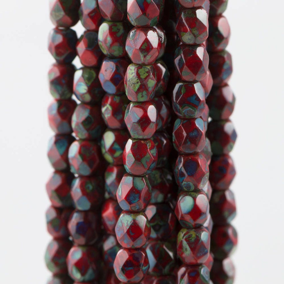 Czech Faceted Opaque Red Picasso Firepolish Glass Beads 4mm (50)