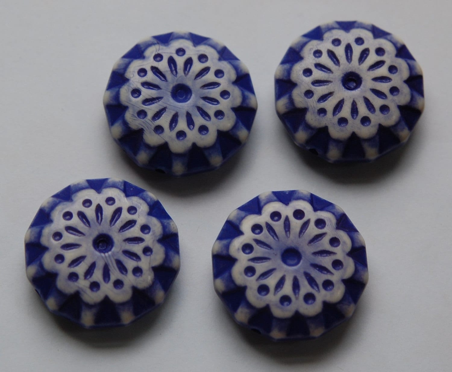 Blue and Cream Vintage Etched Lace Flower Beads 28mm bds807C