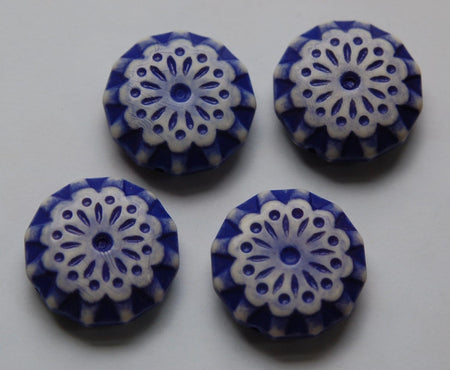 Blue and Cream Vintage Etched Lace Flower Beads 28mm bds807C