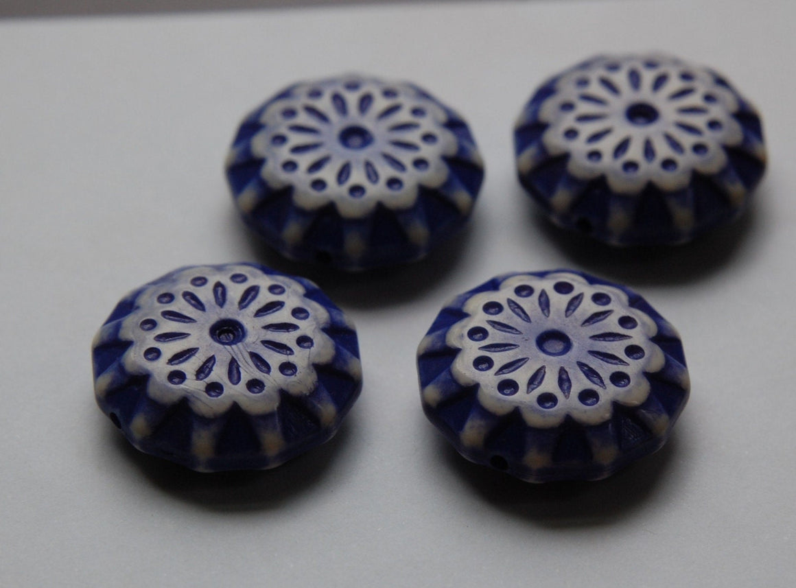Blue and Cream Vintage Etched Lace Flower Beads 28mm bds807C