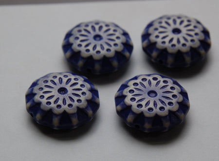 Blue and Cream Vintage Etched Lace Flower Beads 28mm bds807C