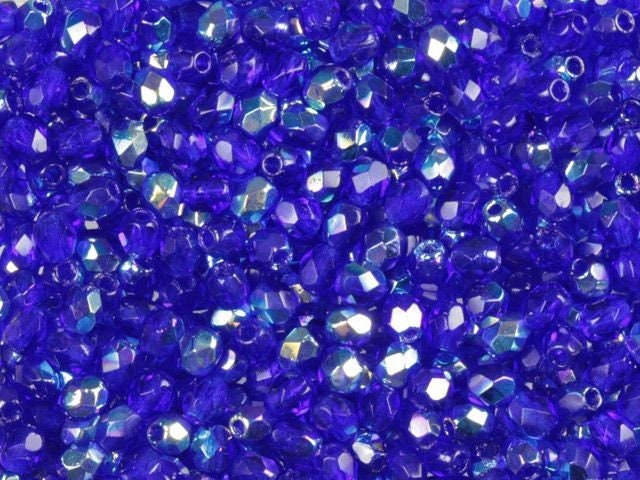 3mm Cobalt AB Czech Faceted Fire Polish Glass Beads (50)