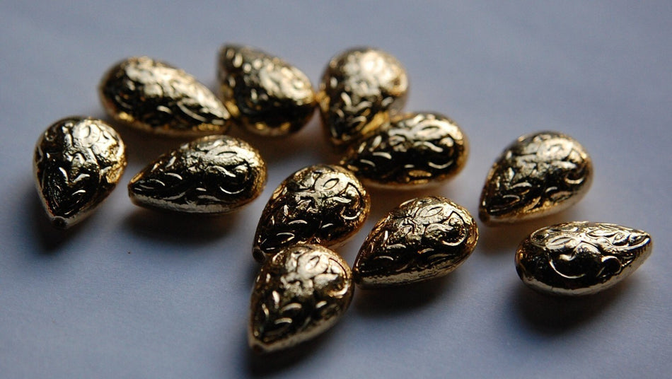 Vintage Style Gold Texture Etched Teardrop Beads 19mm (6) bds120D