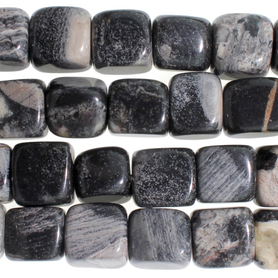 Dakota Stones Black Silver Leaf Jasper 7mm Cube Gemstones. 8" Strand. BSL7CUB-8