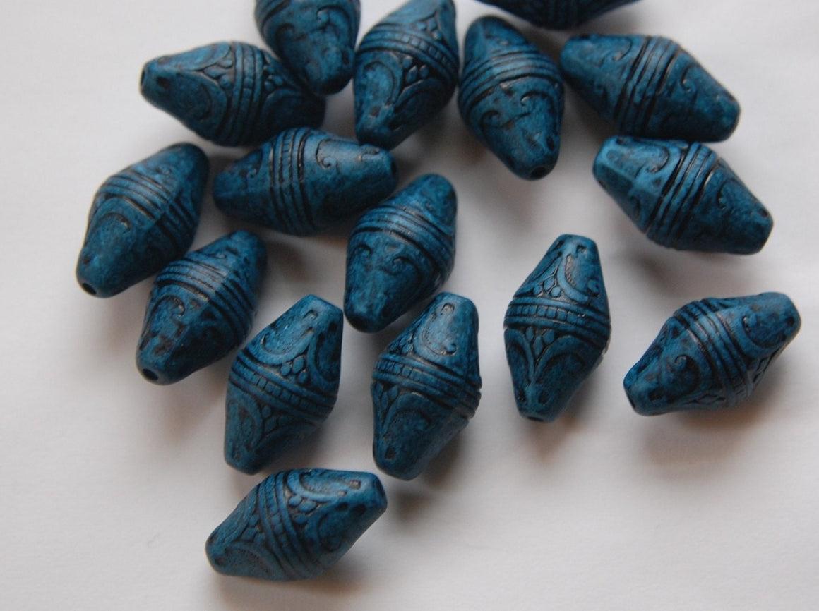 Vintage Style Dark Denim Blue Etched Bicone Beads (8) bds574B