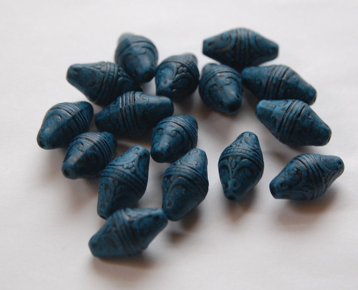 Vintage Style Dark Denim Blue Etched Bicone Beads (8) bds574B