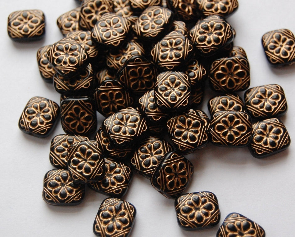 Vintage Style Black with Gold Flower Square Tab Beads (10) bds380E