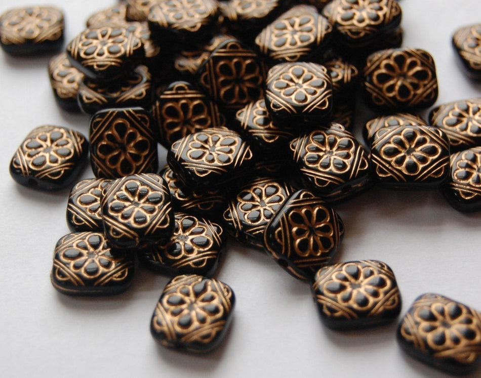Vintage Style Black with Gold Flower Square Tab Beads (10) bds380E