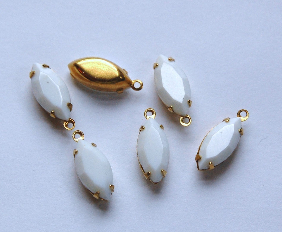 Vintage Opaque White Glass Navettes in 1 Loop Brass Setting nav001E